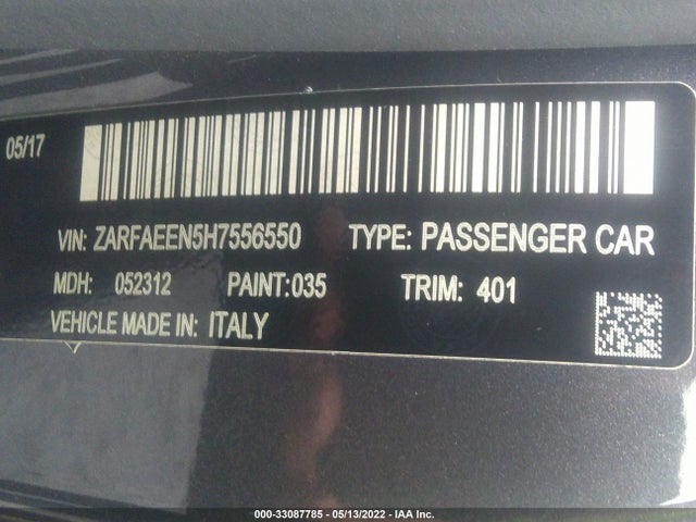 2017 Alfa Romeo Giulia, VIN: ZARFAEEN5H7556550