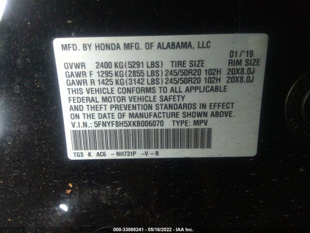 2019 Honda Passport, VIN: 5FNYF8H5XKB006070