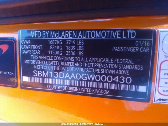 2016 McLaren 570S, VIN: SBM13DAA0GW000430