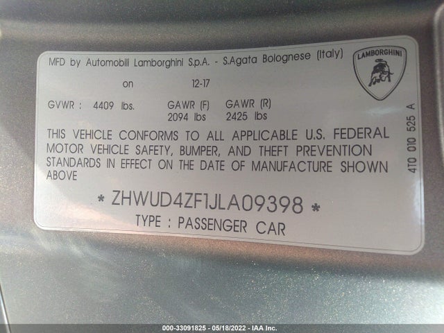 2018 Lamborghini Huracan, VIN: ZHWUD4ZF1JLA09398