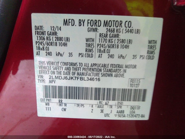 2015 Lincoln MKX, VIN: 2LMDJ6JK7FBL34616