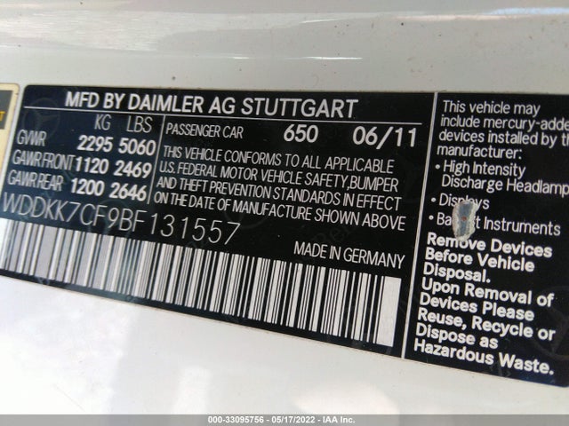 2011 MERCEDES-BENZ E-CLASS E 550 VIN: WDDKK7CF9BF131557