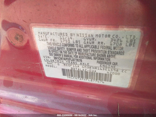 2015 Nissan Versa, VIN: 3N1CN7APXFL877676