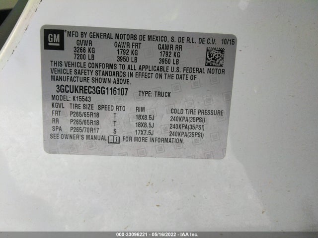 2016 Chevrolet Silverado 1500, VIN: 3GCUKREC3GG116107