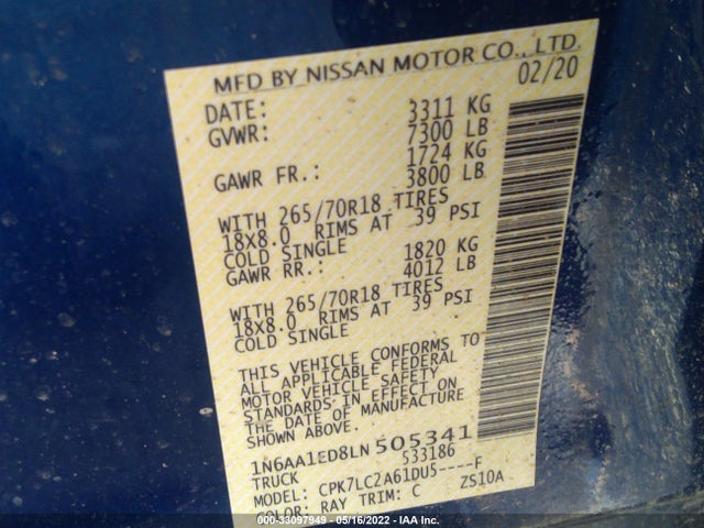2020 Nissan Titan, VIN: 1N6AA1ED8LN505341