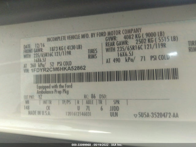 2017 Ford Transit, VIN: 1FDYR2CM6HKA52862