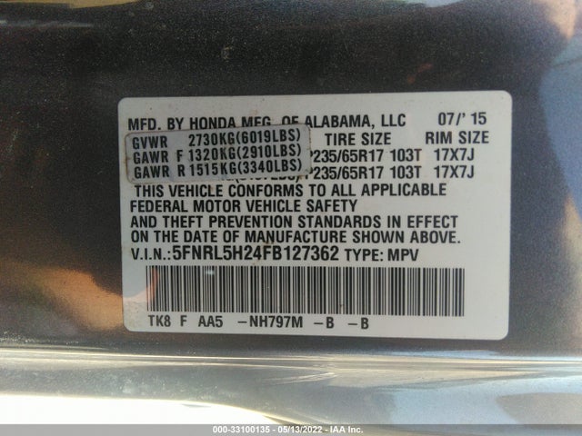 2015 Honda Odyssey, VIN: 5FNRL5H24FB127362