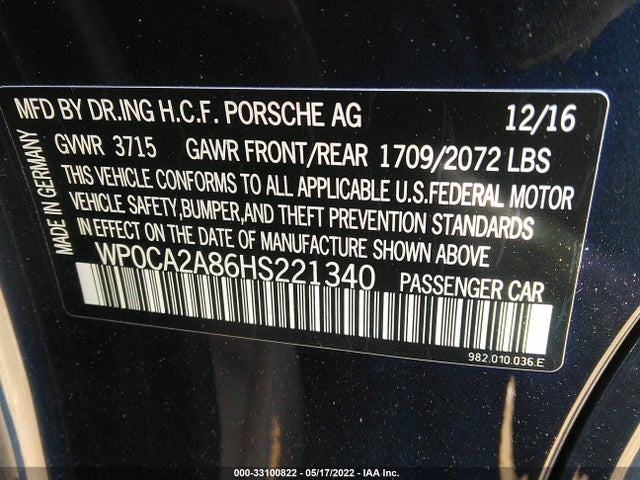 2017 Porsche Boxster, VIN: WP0CA2A86HS221340
