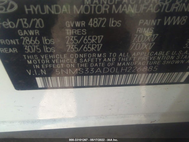 2020 Hyundai Santa Fe, VIN: 5NMS33AD0LH226885