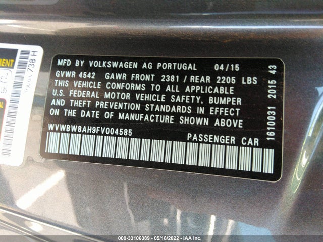 2015 Volkswagen Eos, VIN: WVWBW8AH9FV004585
