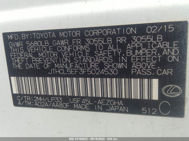 2015 Lexus LS, VIN: JTHCL5EF3F5024530