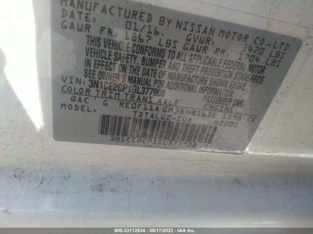 2016 NISSAN VERSA NOTE VIN: 3N1CE2CP1GL377908