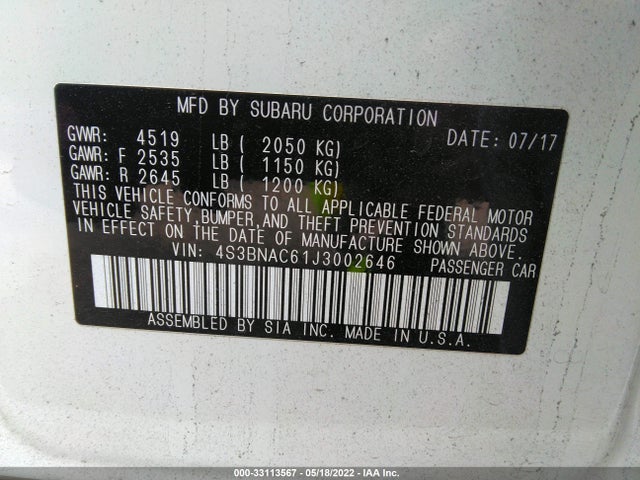 2018 Subaru Legacy, VIN: 4S3BNAC61J3002646