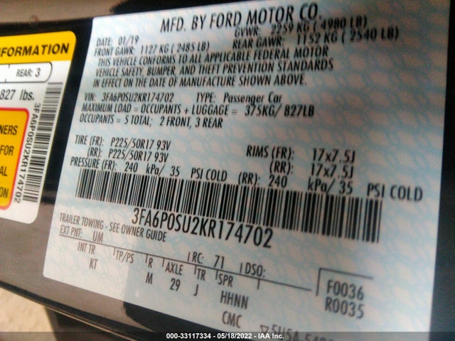 2019 Ford Fusion, VIN: 3FA6P0SU2KR174702