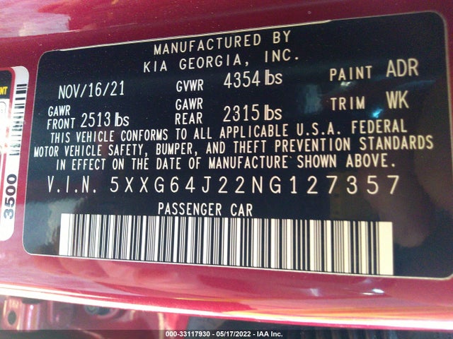 2022 Kia K5, VIN: 5XXG64J22NG127357