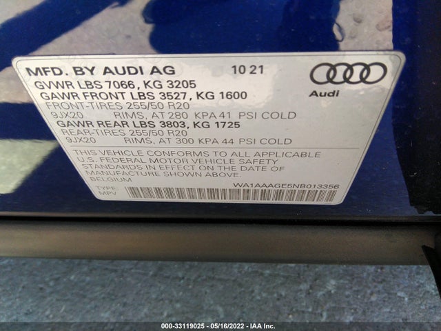 2022 Audi e-tron, VIN: WA1AAAGE5NB013356