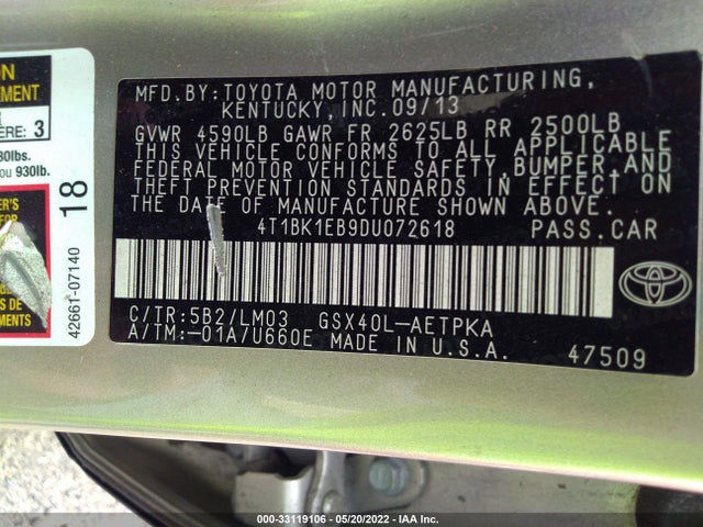 2013 TOYOTA AVALON XLE/LIMITED VIN: 4T1BK1EB9DU072618