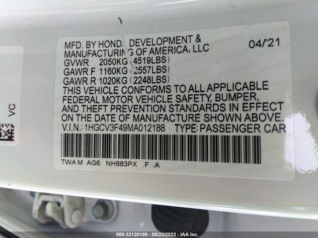 2021 Honda Accord, VIN: 1HGCV3F49MA012188