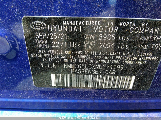 2022 Hyundai Ioniq, VIN: KMHC65LCXNU274199