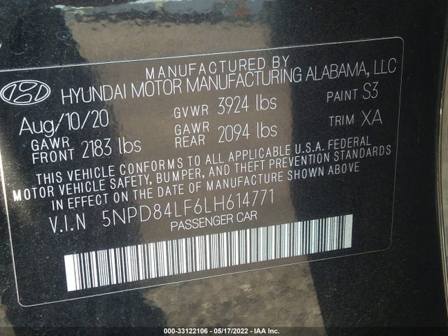 2020 HYUNDAI ELANTRA VIN: 5NPD84LF6LH614771