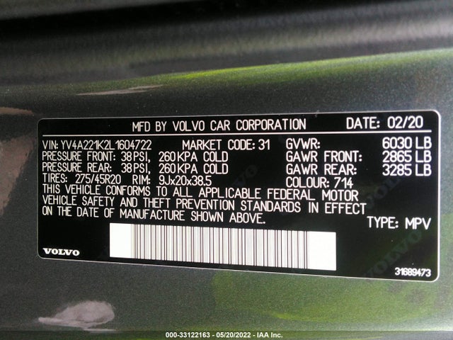 2020 Volvo XC90, VIN: YV4A221K2L1604722