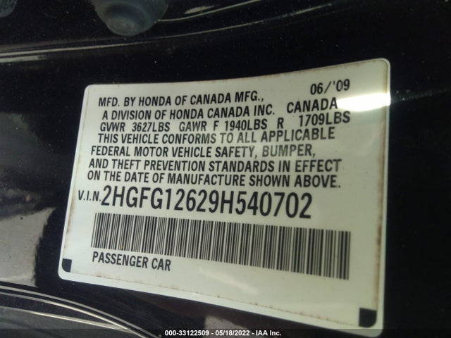 2009 HONDA CIVIC CPE VIN: 2HGFG12629H540702