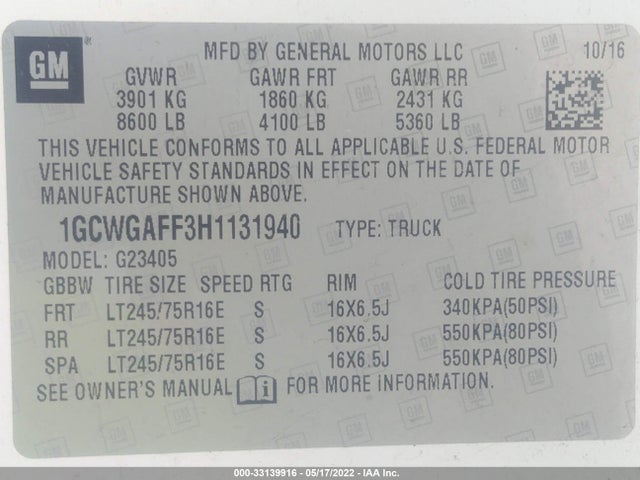 2017 Chevrolet Express, VIN: 1GCWGAFF3H1131940