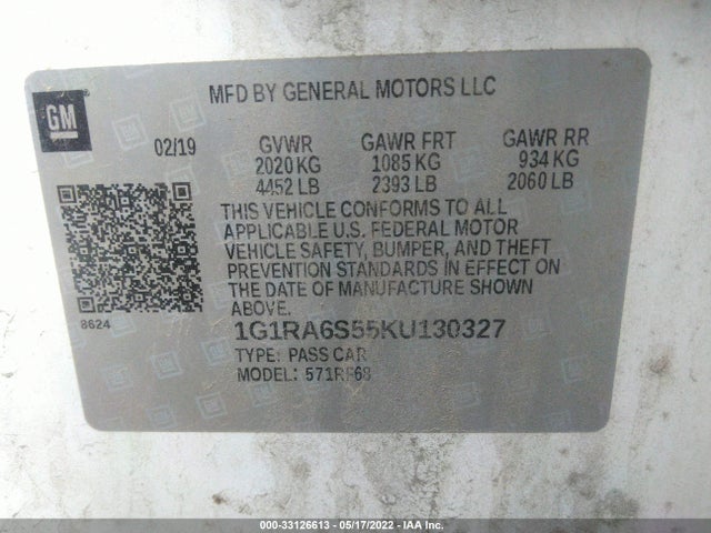 2019 Chevrolet Volt, VIN: 1G1RA6S55KU130327