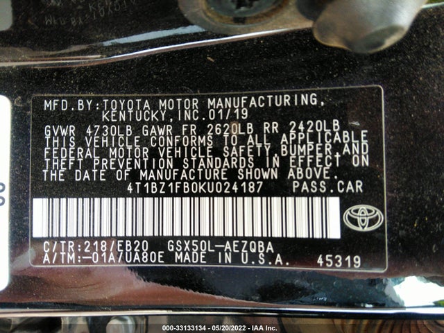 2019 Toyota Avalon, VIN: 4T1BZ1FB0KU024187