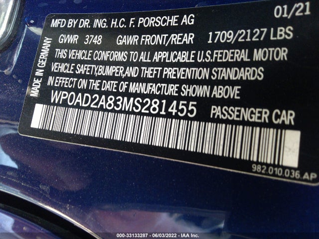2021 Porsche 718, VIN: WP0AD2A83MS281455