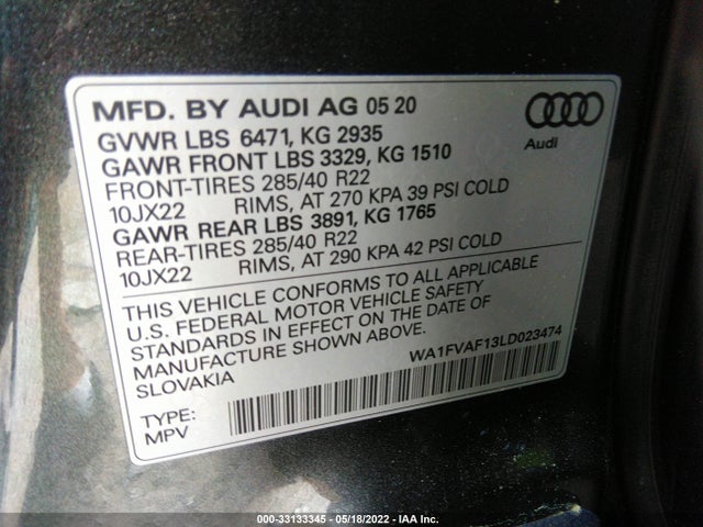2020 Audi Q8, VIN: WA1FVAF13LD023474
