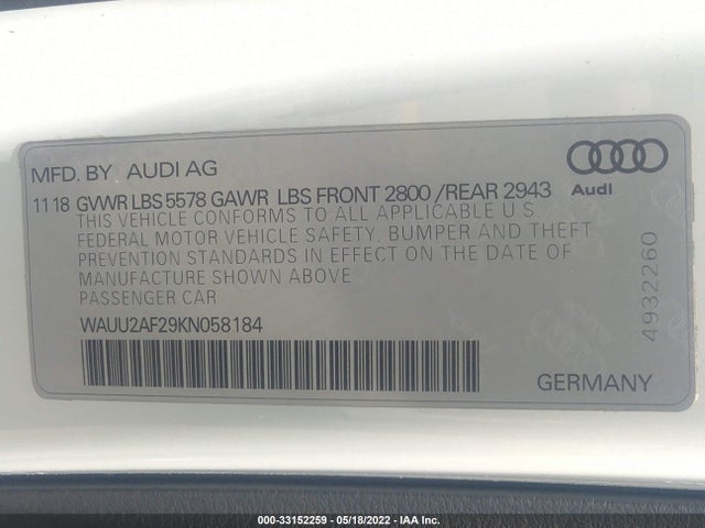 2019 Audi A7, VIN: WAUU2AF29KN058184