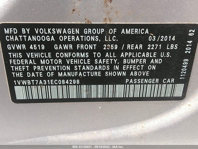 1VWBT7A31EC084298 Volkswagen Passat Se W/sunroof