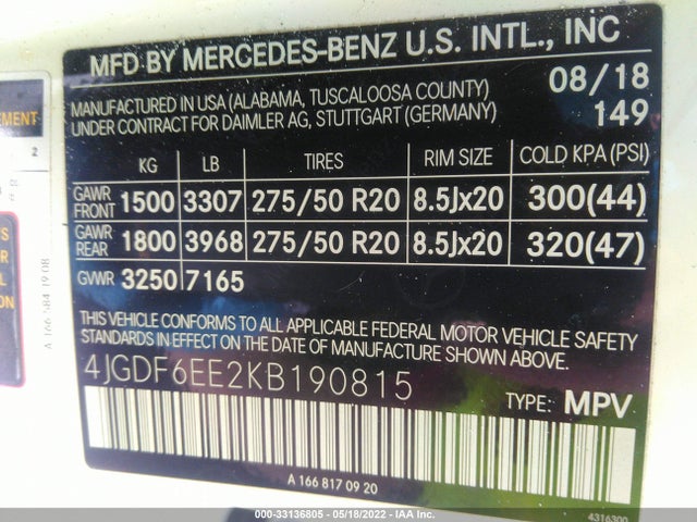 2019 Mercedes-Benz GLS-Class, VIN: 4JGDF6EE2KB190815