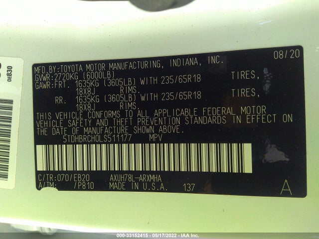 2020 Toyota Highlander, VIN: 5TDHBRCH0LS511177