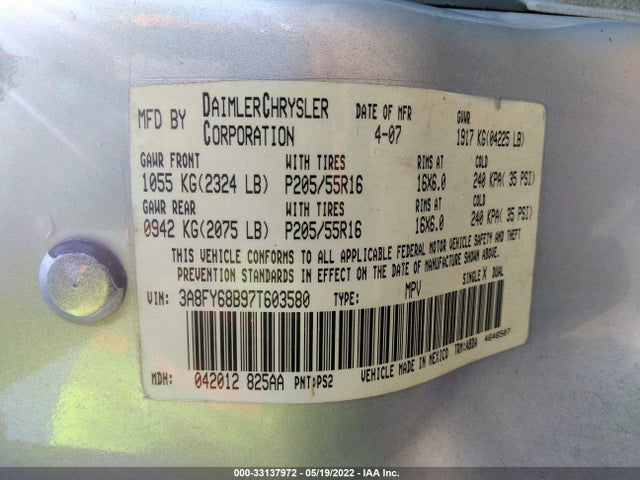 2007 CHRYSLER PT CRUISER VIN: 3A8FY68B97T603580