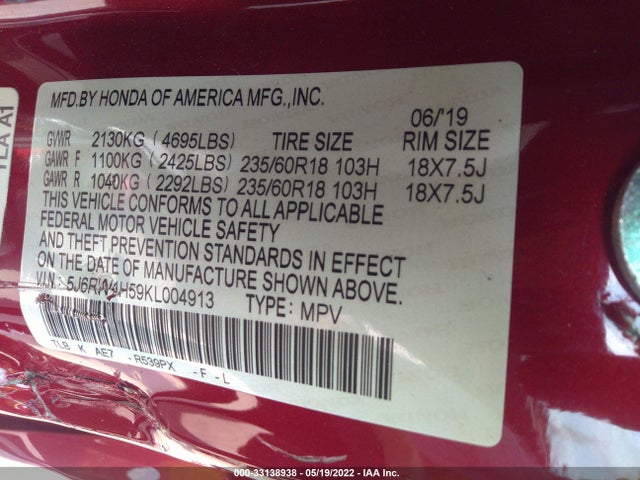 Honda CR-V EX 2019 5J6RW1H59KL004913 Image 9