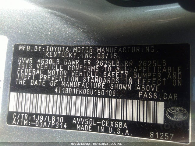 2016 Toyota Camry, VIN: 4T1BD1FK0GU180106