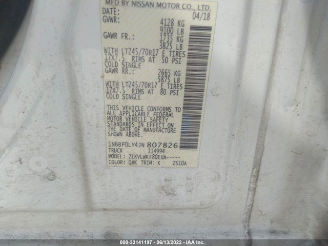 2018 Nissan NV, VIN: 1N6BF0LY4JN807826