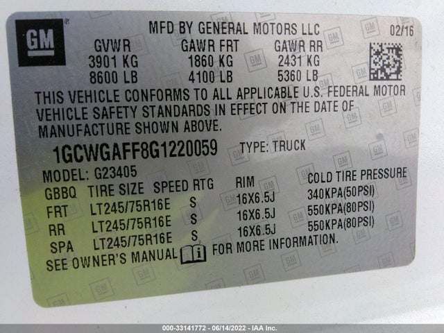 2016 Chevrolet Express, VIN: 1GCWGAFF8G1220059