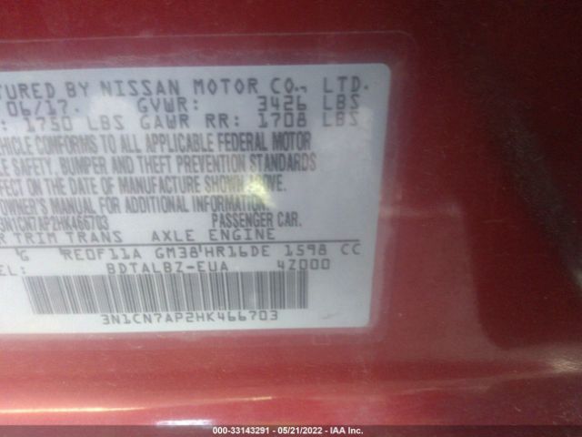 3N1CN7AP2HK466703 Nissan Versa Sedan Sv