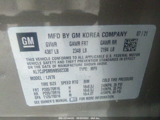 2022 Chevrolet Trax, VIN: KL7CJPSM9NB502338