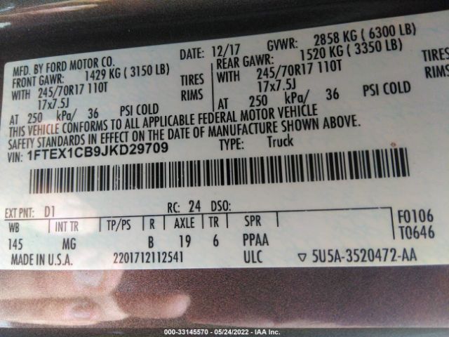 1FTEX1CB9JKD29709 Ford F-150 Xl/xlt
