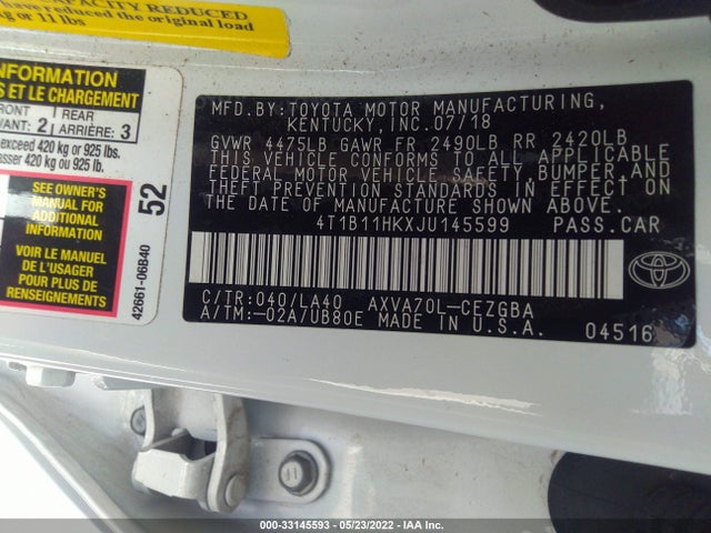 2018 Toyota Camry, VIN: 4T1B11HKXJU145599