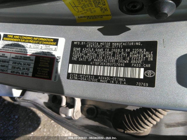 2011 TOYOTA CAMRY VIN: 4T1BF3EK3BU757646
