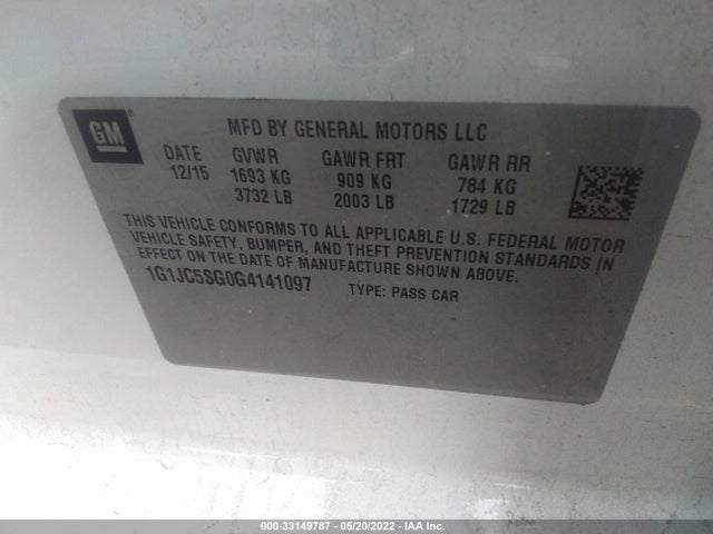 2016 Chevrolet Sonic, VIN: 1G1JC5SG0G4141097