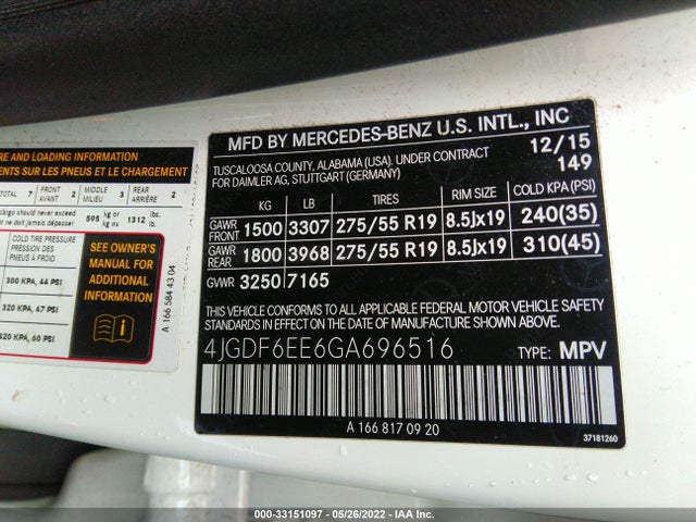 4JGDF6EE6GA696516 Mercedes-Benz Gl 450