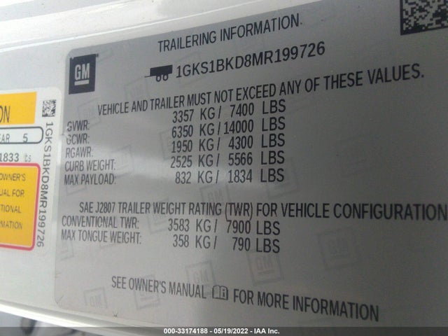2021 GMC Yukon, VIN: 1GKS1BKD8MR199726