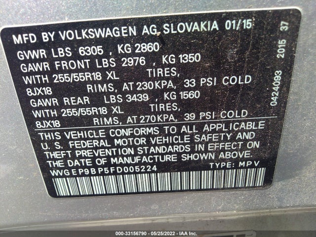 2015 Volkswagen Touareg, VIN: WVGEP9BP5FD005224