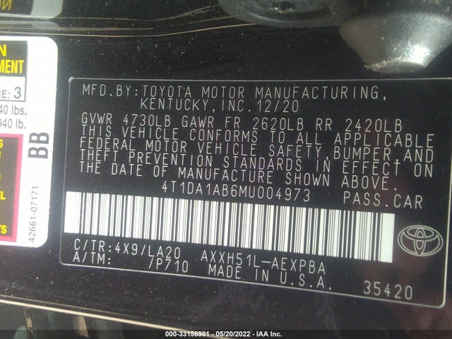 2021 Toyota Avalon, VIN: 4T1DA1AB6MU004973